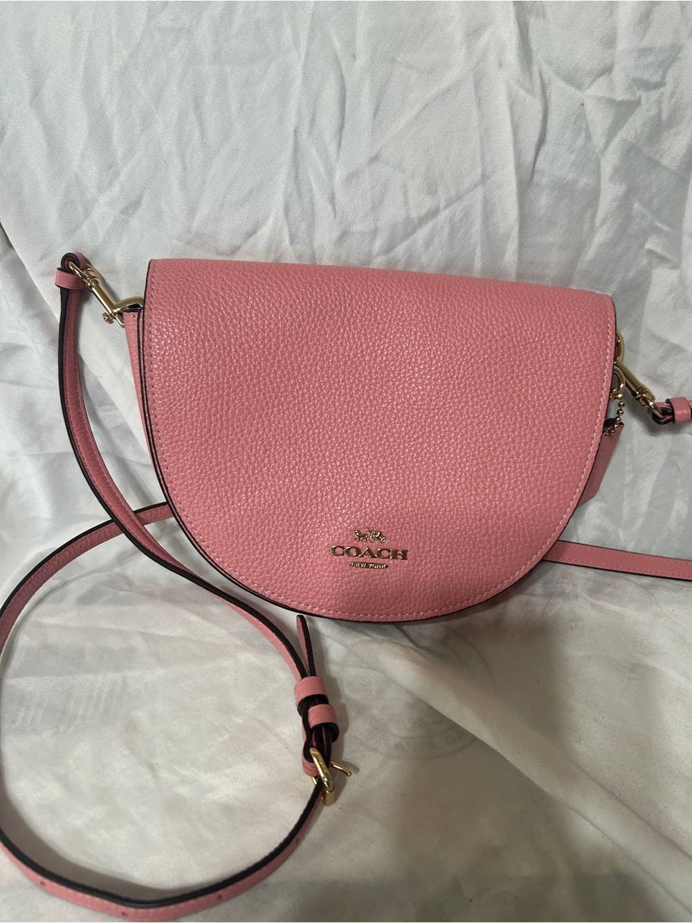 Coach Pink Pebbled Leather Saddle Crossbody with Gold Hardware